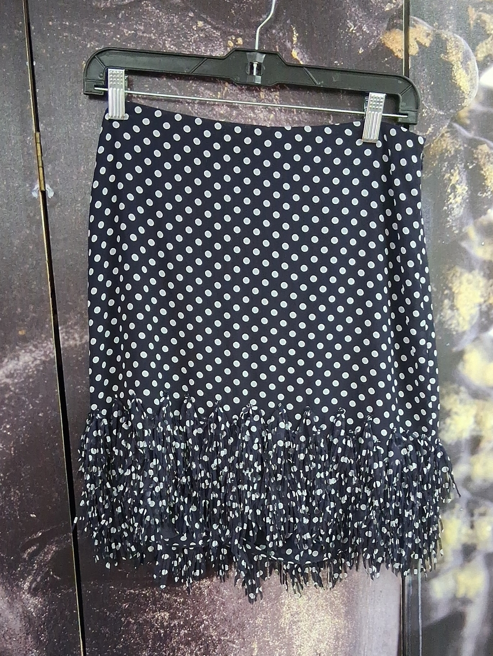 Ann Taylor Polka Dot Navy Women's Skirt with Fringe Hem Size 4
